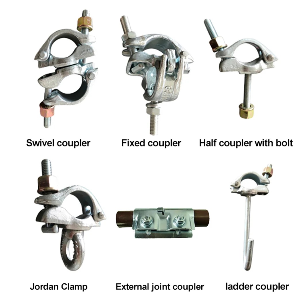 Swivel, fixed and other scaffolding couplers shown clearly